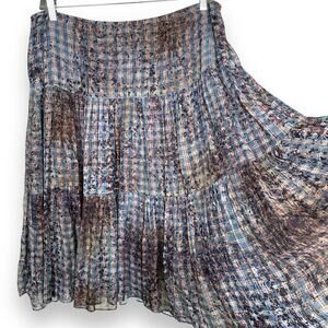 Peruvian Connection Tiered Skirt Blue Plaid Boho Flowy Midi Lightweight Size 14